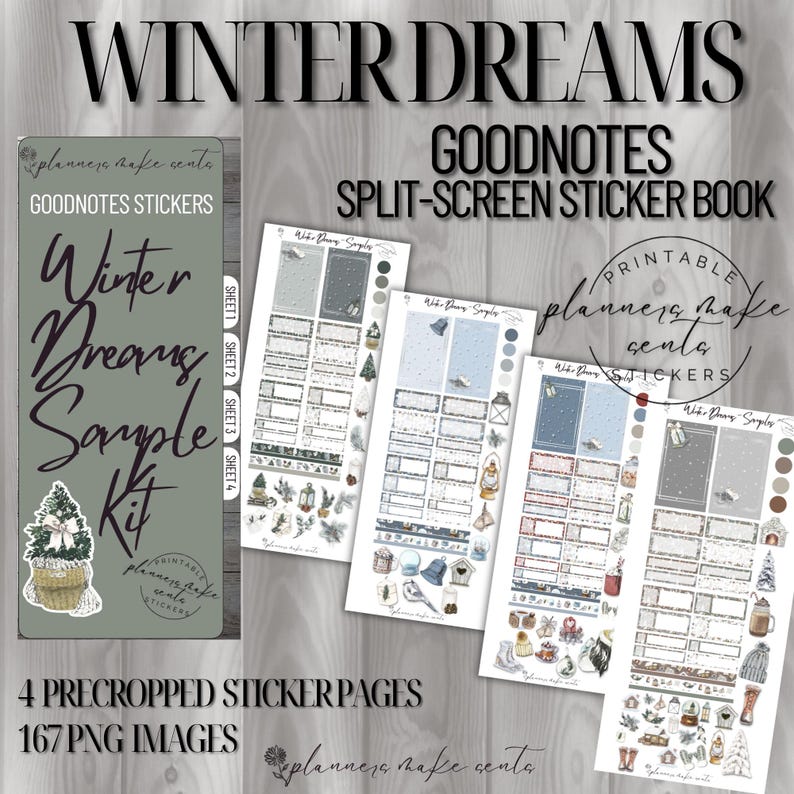 May include: A digital sticker book titled "Winter Dreams" for GoodNotes, featuring split-screen designs. The image includes four precropped sticker pages and 167 PNG images. The design includes winter-themed graphics and text.