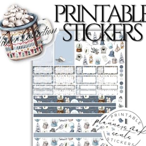 May include: A sheet of printable stickers with a winter theme. The stickers feature a mug of hot chocolate, snow globes, birds, and other winter-related illustrations. The text "Printable Stickers" is displayed at the top.