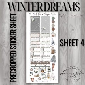 May include: A sticker sheet titled "Winter Dreams" with various winter-themed illustrations. The sheet includes images of a fireplace, a Christmas tree, a mug of hot chocolate, a knitted hat, and other decorative elements. The text "PRECROPPED STICKER SHEET" is visible.