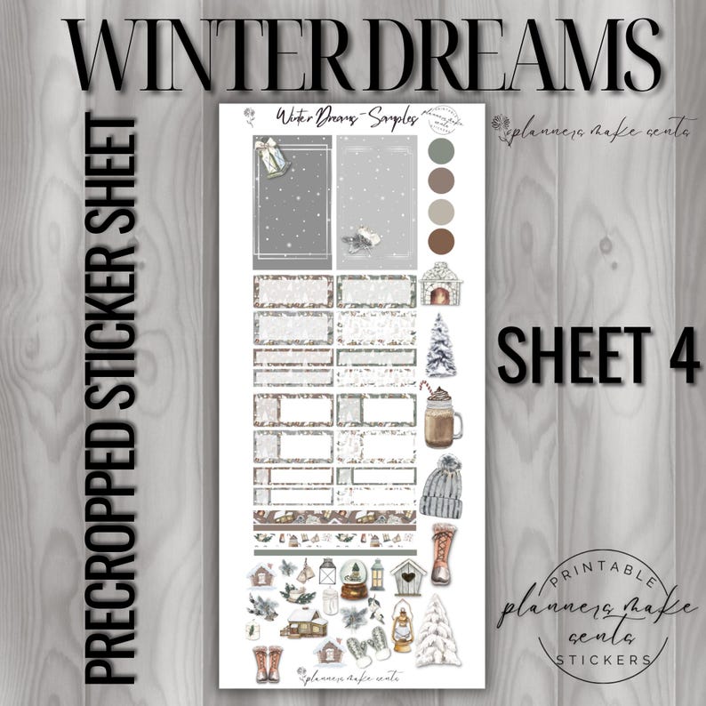 May include: A sticker sheet titled "Winter Dreams" with various winter-themed illustrations. The sheet includes images of a fireplace, a Christmas tree, a mug of hot chocolate, a knitted hat, and other decorative elements. The text "PRECROPPED STICKER SHEET" is visible.