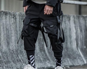 Black and Red Cargo Joggers Multi-pocket Pants Streetwear Techwear ...