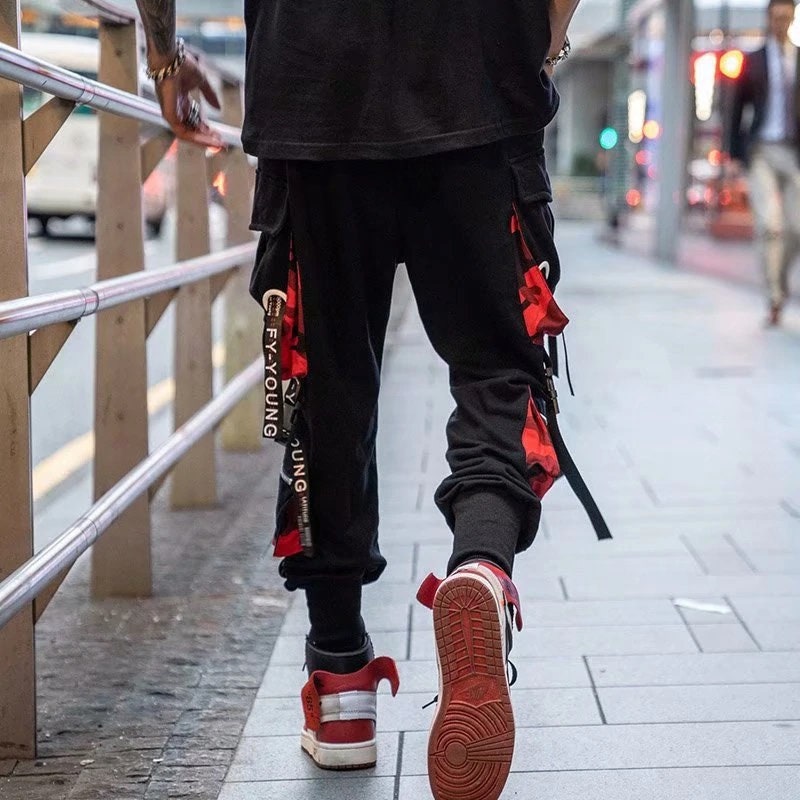Black and Red Cargo Joggers Multi-pocket Pants Streetwear - Etsy