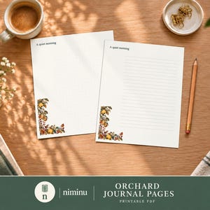 May include: Two white stationery sheets featuring the text A quiet morning at the top and a botanical illustration of fruits and leaves in the bottom left corner. One sheet has horizontal lines, while the other has a subtle dot grid pattern.