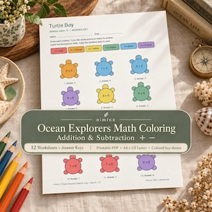 Puede incluir: Una hoja de ejercicios de matemáticas titulada Turtle Bay con sumas e ilustraciones de tortugas para colorear. La página incluye una clave codificada por colores para los números del uno al seis y espacio para nombre y fecha. El texto incluye Ocean Explorers Math Coloring Addition & Subtraction, 12 Worksheets + Answer Keys, Printable PDF, A4 + US Letter y Colored key shown.
