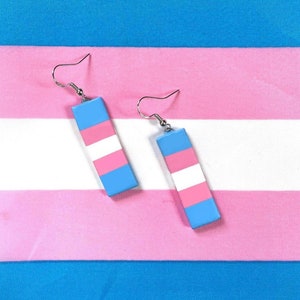 Op de afbeelding: Een paar hangende oorbellen met een blauw, roze en wit gestreept ontwerp. De oorbellen hangen aan een transgender pride-vlag.