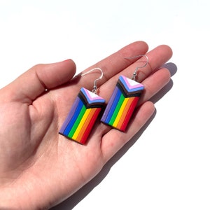 May include: A pair of rectangular earrings with a rainbow design, featuring the colors of the Pride flag. The earrings have a silver hook and are held in a hand against a white background. The earrings are a vibrant accessory.