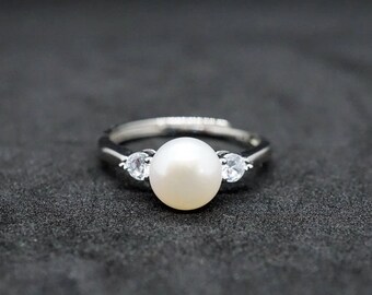 AAA+ Natural Certified Handmade White Pearl Ring: 3.50 Carat Sterling Silver