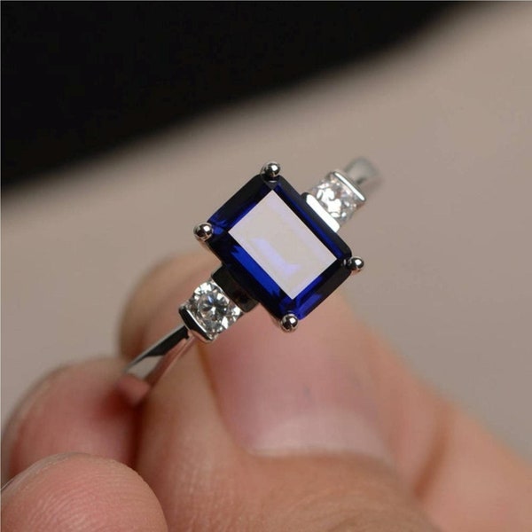 AAA+ Natural Certified Emerald Cut Blue Sapphire Ring: Handmade Sterling Silver Unisex Design