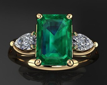 AAA+Natural Emerald Ring 5.50 Carat Ring Promise Ring 925 Sterling Silver Gold Plated Ring For Unisex, Christmas Gift