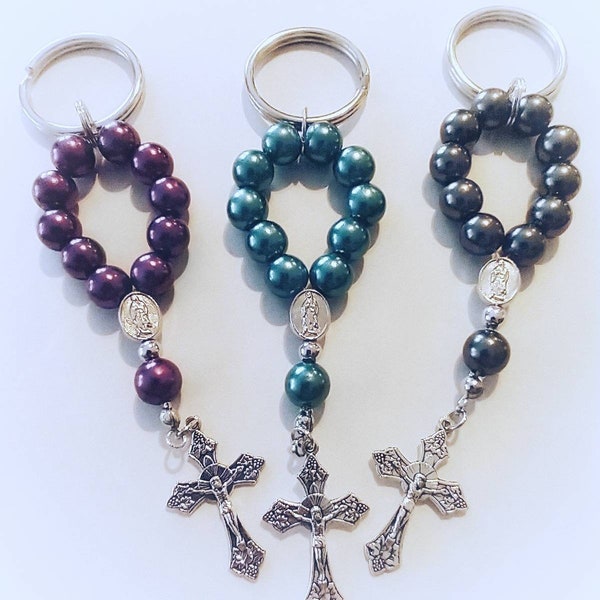 Rosary Keychain Gift | Bulk Rosary Keychains | One Decade Rosary, Single Decade Mini Finger Pocket Baptism Favor Rosary | Pearly Glass Bead