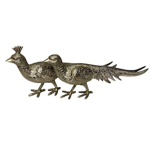 Paire de décorations de faisans en métal argenté - Figurines d'oiseaux ou porte-cartes de menu - Décoration de table ou présentoir de cheminée