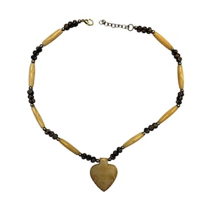 Mid-Century Tribal Bone Necklace: Spade Pendant & Carved Seed Beads