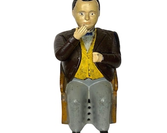 Antique Cast Iron Tammany Hall Money Bank – Fat Man in Chair Mechanical Bank | Vintage Coin Box Americana