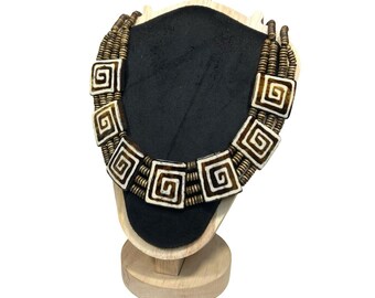 Vintage Wooden Bead Necklace Carved Spiral Square Beads