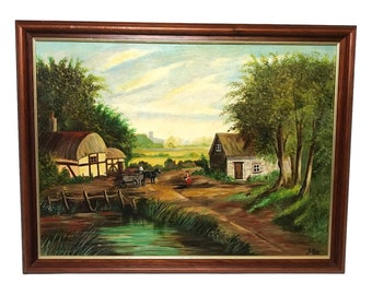 Original Farm Painting on Canvas Signed J. Brow 1990 - Framed