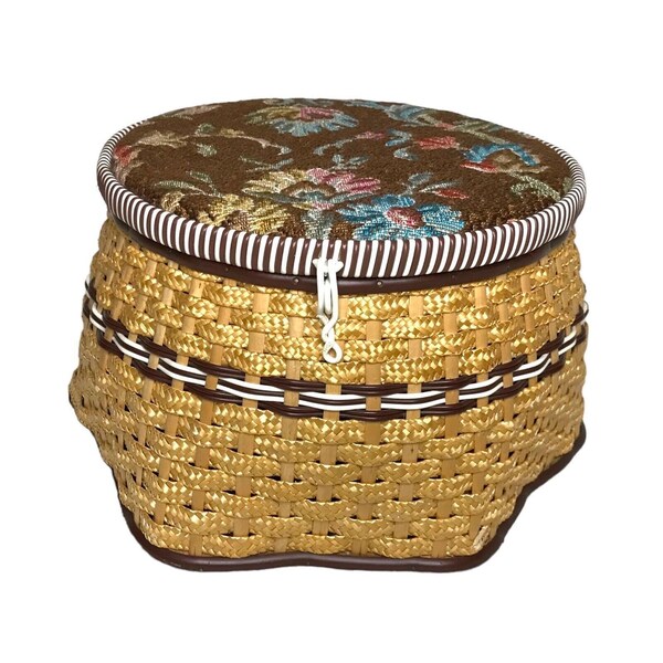 Vintage Round Wicker Jute 1950's Sewing Basket with Padded Fabric Tapestry Lid