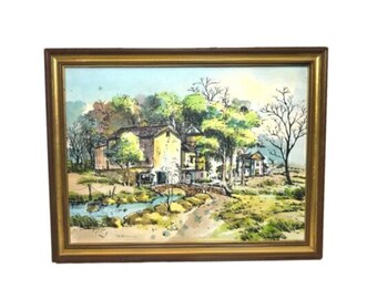 Original Canvas Painting - Landscape & Houses - Signed Nikol - Pen Ink Line Wash