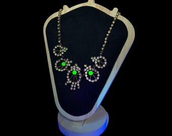 Vintage Uranium Glass Victorian Style Bib Necklace 3 Stones Missing Small Stones