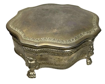 Vintage Silver Plated Trinket Box with Lion Feet – Footed Jewelry Case with Purple Lining – Elegant Vanity Storage or Gift