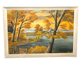 Large Original Painting of Orange Autumn Tree & Lake Scene Signed Paul Roberts