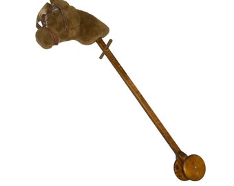 Horse Toy on a Wooden Stick with Handles and Wheels - Light Brown