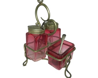 Vintage Pink Glass 3 Piece Cruet Condiment Set with Spoons - Ruby Cranberry?