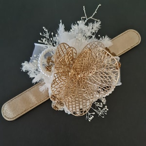 Champagne Gold Orchid & neutral everlasting flowers snap lock corsage AB2036 - School formal, prom, graduation