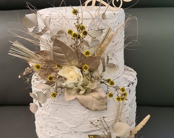 Double floral cake topper, yellow, sage & champagne gold