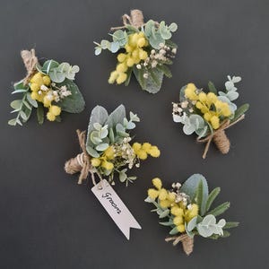 Set of 5 Everlasting flowers wedding buttonholes - Yellow green - country barn wedding