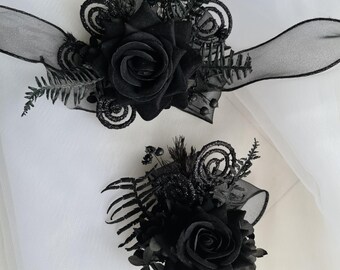 Black everlasting flowers  glitter corsage & buttonhole AB2093 - School formal, prom, graduation