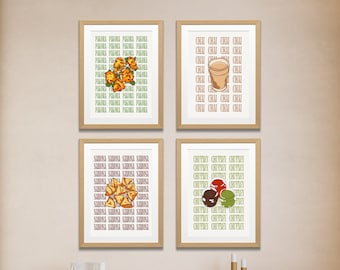 May include: Four framed art prints depicting Indian food. The prints show pakora, chai, samosa, and chutney. Each print has a repeating food name in the background. The frames are light brown.