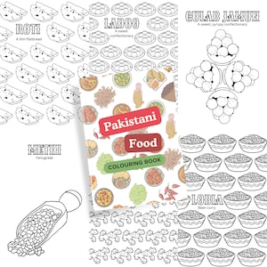 Pode incluir: Um livro para colorir em preto e branco com ilustrações de comida paquistanesa. A capa mostra uma variedade de pratos, incluindo roti, ladoo, gulab jamun, meth e lobla. O título do livro é "Pakistani Food Coloring Book".