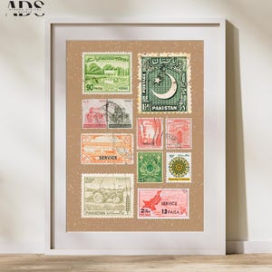 affiche vintage de timbres-poste pakistanais | Téléchargement d'art numérique historique du Pakistan