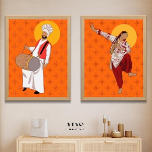 May include: Two framed illustrations of people in traditional Indian clothing. The illustration on the left shows a person playing a drum. The illustration on the right shows a person dancing. Both illustrations have an orange background with a repeating pattern.