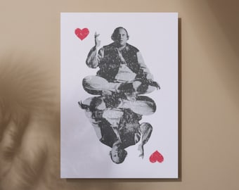 May include: A black and white illustration of a man sitting in a lotus position with two red hearts. The man is wearing a jacket and trousers. The illustration is in a vintage style.