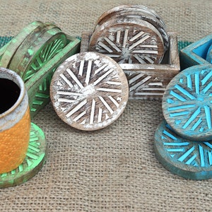 Handmade Wood Coaster Set with Holder - Antique Style