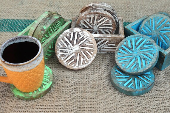 Wood Coasters for Drinks, Set of 6 Wooden Coasters With Holder, Handmade  Aesthetic Coasters for Glasses and Mugs, Housewarming, Holiday Gift 