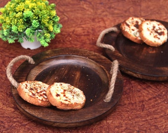 Wood Tray with Rope Handle | Wooden Serving Tray | Snacks Tray | Round Tray | Decorative Trays | Platter Serving Tray | Tableware Platters