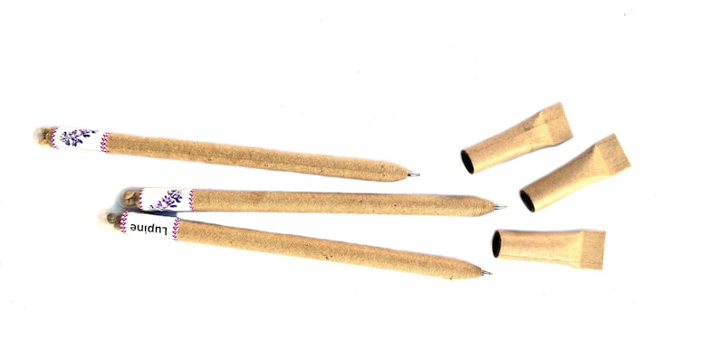 Pode incluir: Tr&ecirc;s canetas de papel castanho com um r&oacute;tulo branco que diz "Lupine" e um desenho de flor roxa. Tamb&eacute;m s&atilde;o mostradas tr&ecirc;s tampas de caneta de papel castanho.