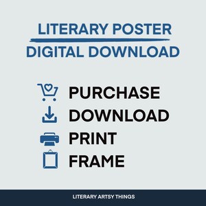 May include: A blue and white graphic with the text "Literary Poster Digital Download" and instructions to purchase, download, print, and frame the poster. The text "Literary Artsy Things" is at the bottom of the graphic.