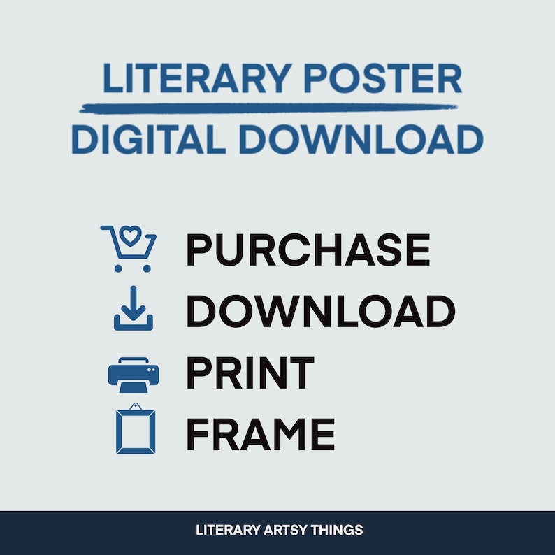 May include: A blue and white graphic with the text "Literary Poster Digital Download" and instructions to purchase, download, print, and frame the poster. The text "Literary Artsy Things" is at the bottom of the graphic.