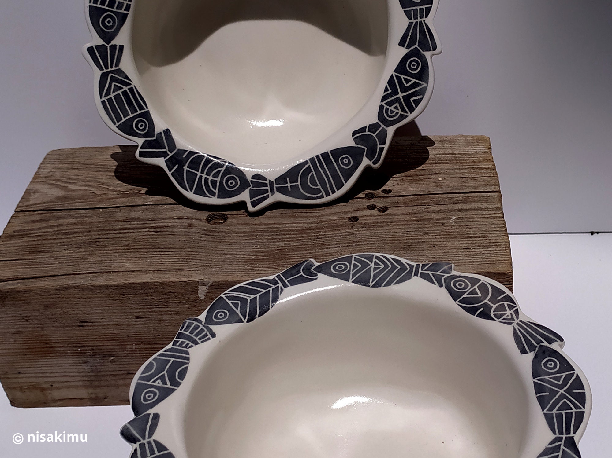 Handmade ceramic sgraffito bowl Cylindric fish pattern Etsy