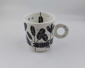 Handmade ceramic sgraffito double espresso cup- Underwater Garden