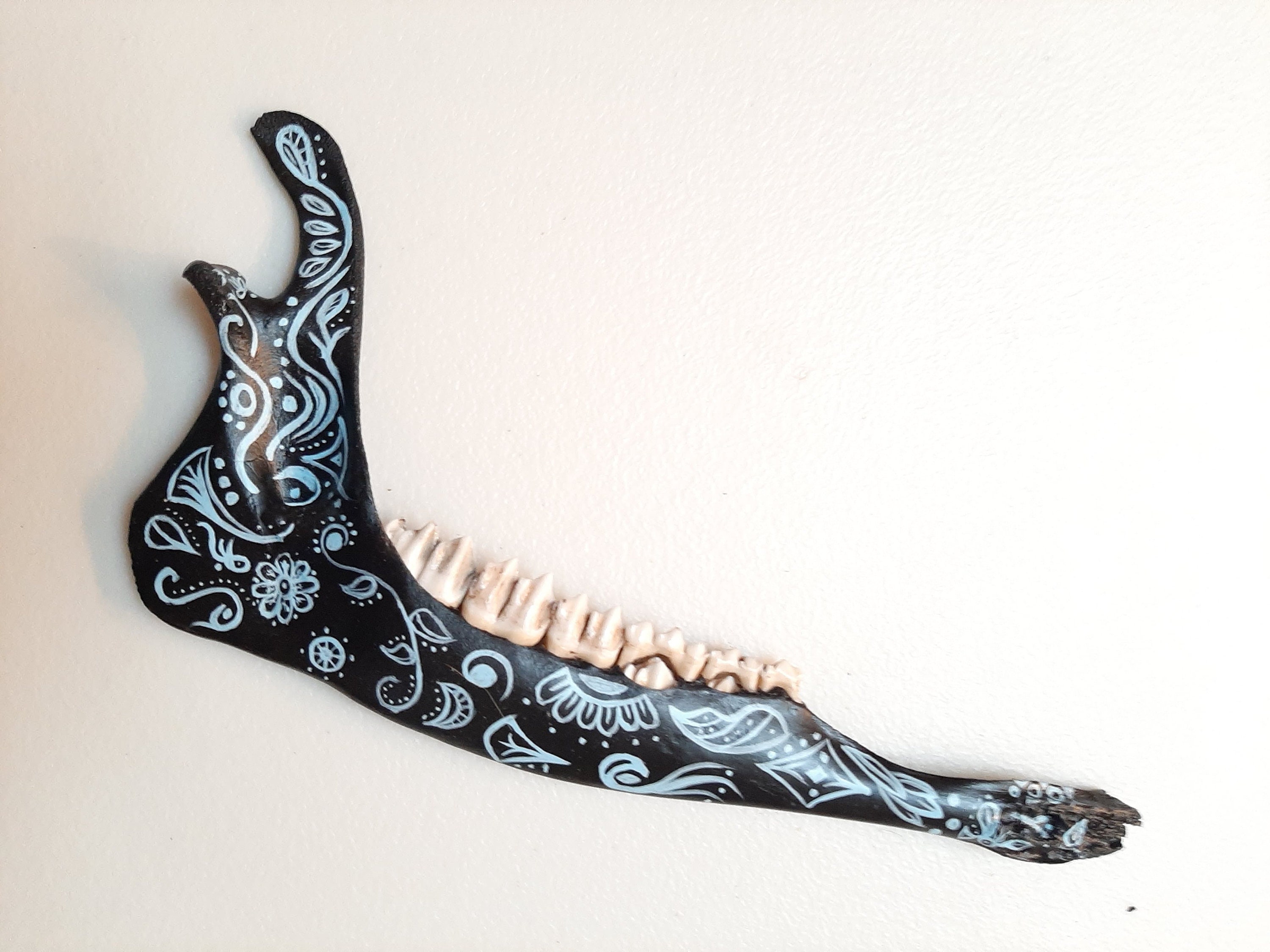 BoneArtPetit Hand Painted Deer Jaw Bone Black-Light Blue-Cream | Etsy