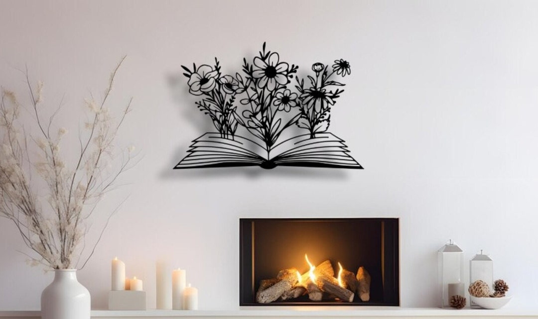 Books and Flowers Black Metal Wall Hanging,minimalist Home Wall