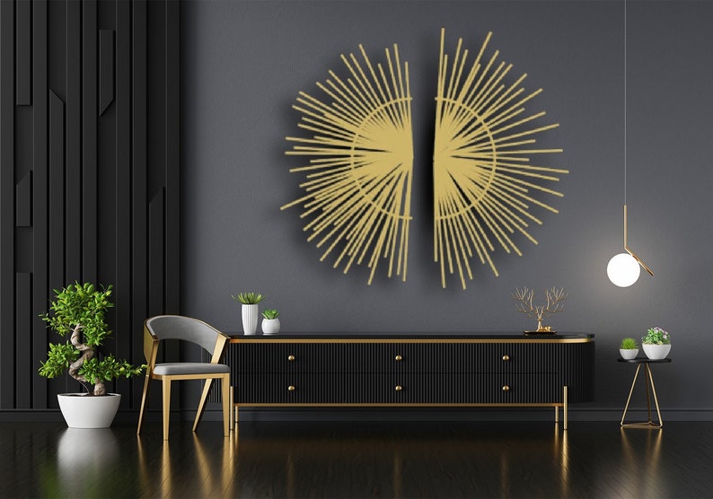 Sunlight Metal Sign Set of 2, Matte Gold Sun Wall Art, Over Bed Metal