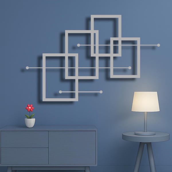 Srebrna metalowa kwadratowa dekoracja ścienna: geometryczny, nowoczesny wystrój