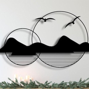 cartello da parete in metallo nero raffigurante una montagna, decorazione murale con uccelli in stile circolare, arazzo da parete di lusso in metallo, idee moderne per decorare le pareti di scale