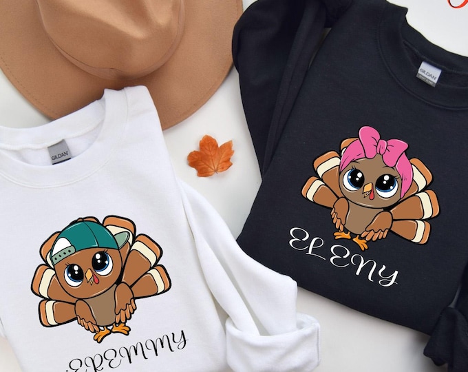 Personalized Thanksgiving Turkey Sweatshirt, Custom Name Turkey Sweater for Boy and Girls, Thankful Coquette Bow Hoodie, Thanksgiving Gifts
