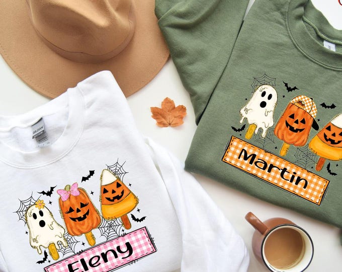Custom Name Halloween Sweatshirt, Ghost and Pumpkin Name Sweater, Spooky Gift for Kids, Halloween Matching Hoodies